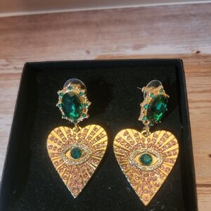 Gold and Green And Pink Rhinestone Heart Eye Earrings
